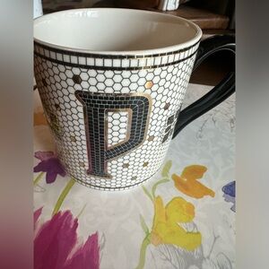 Anthropologie mug initial P white black honeycomb penny tile look gold details